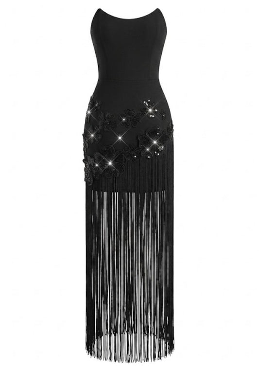 Strapless Floral Tassel Maxi Dress Black