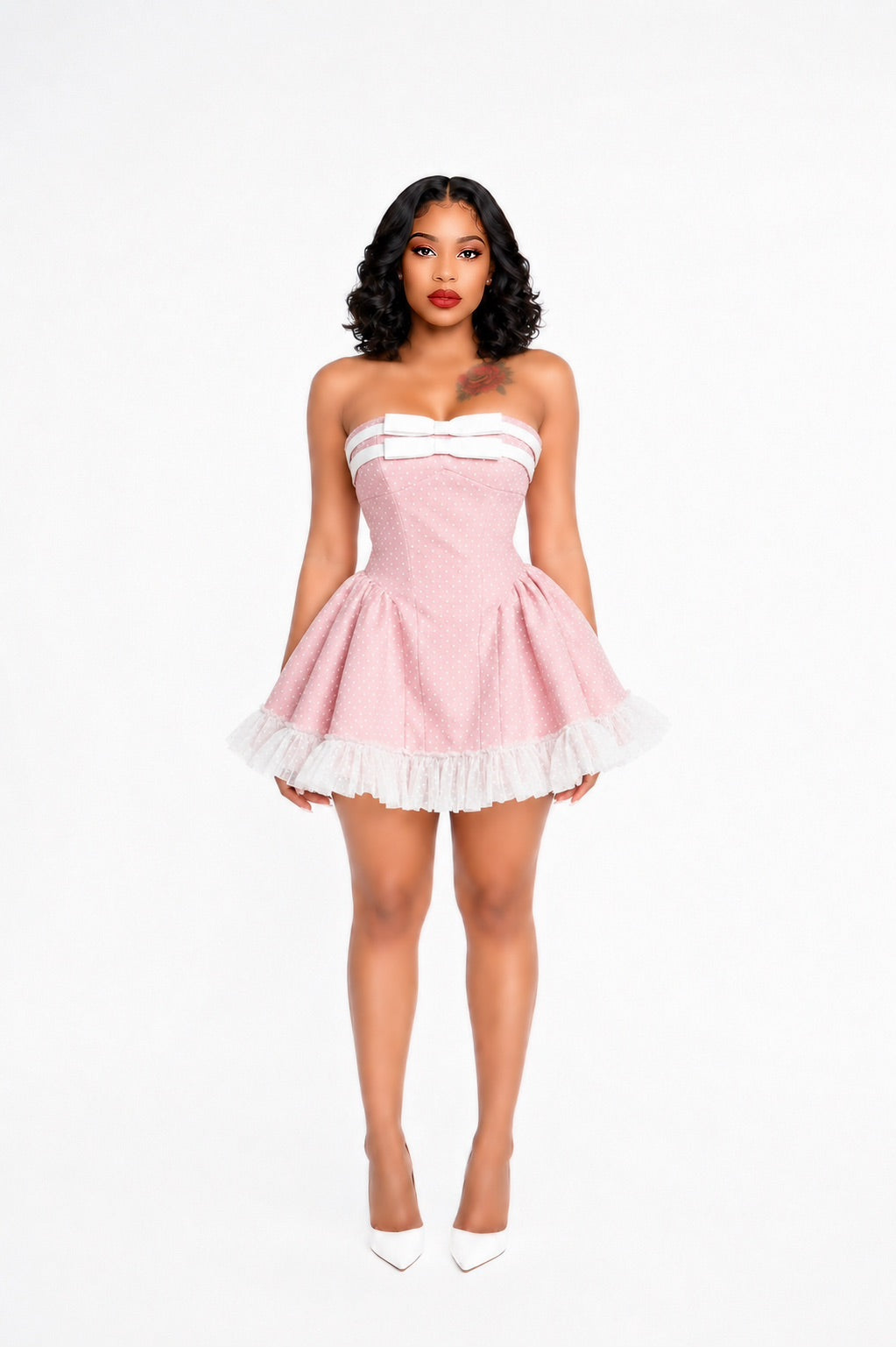 Strapless Bow Detail A Line Dress Pink White