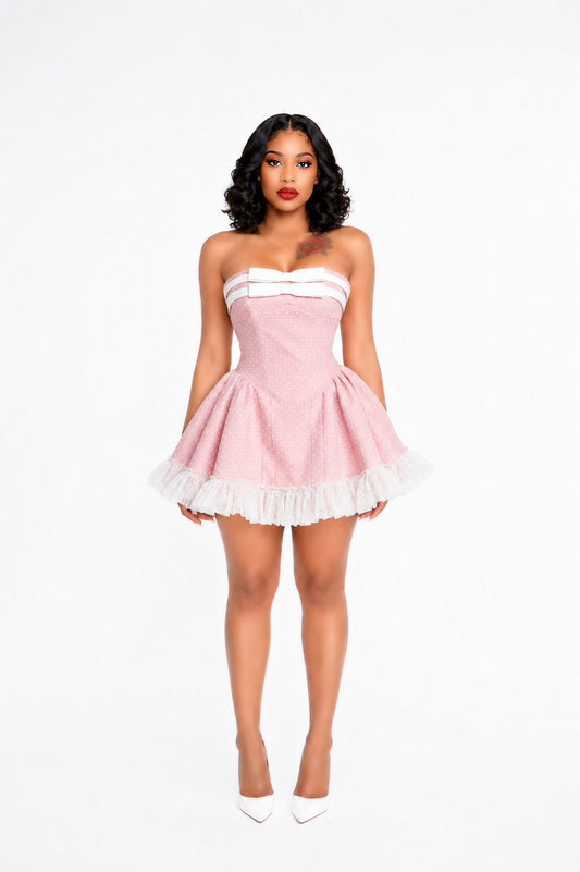 Strapless Bow Detail A Line Dress Pink White