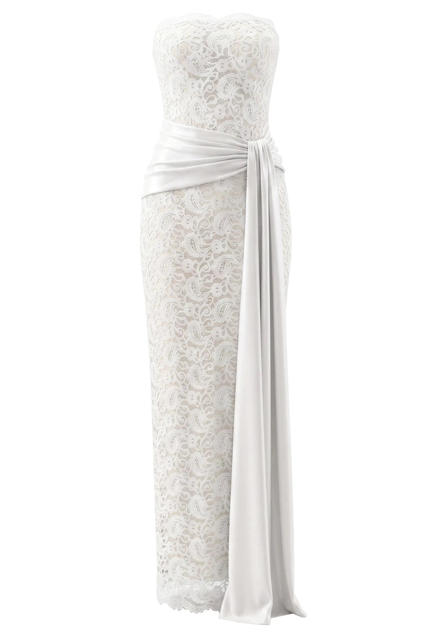 Strapless Scalloped Lace Maxi Dress White
