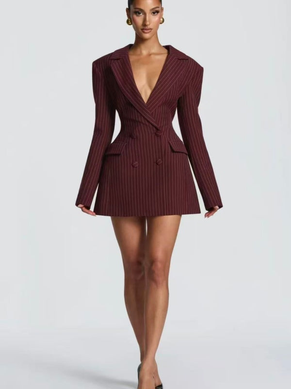 Burgundy Pinstripe Structured Blazer Mini Dress