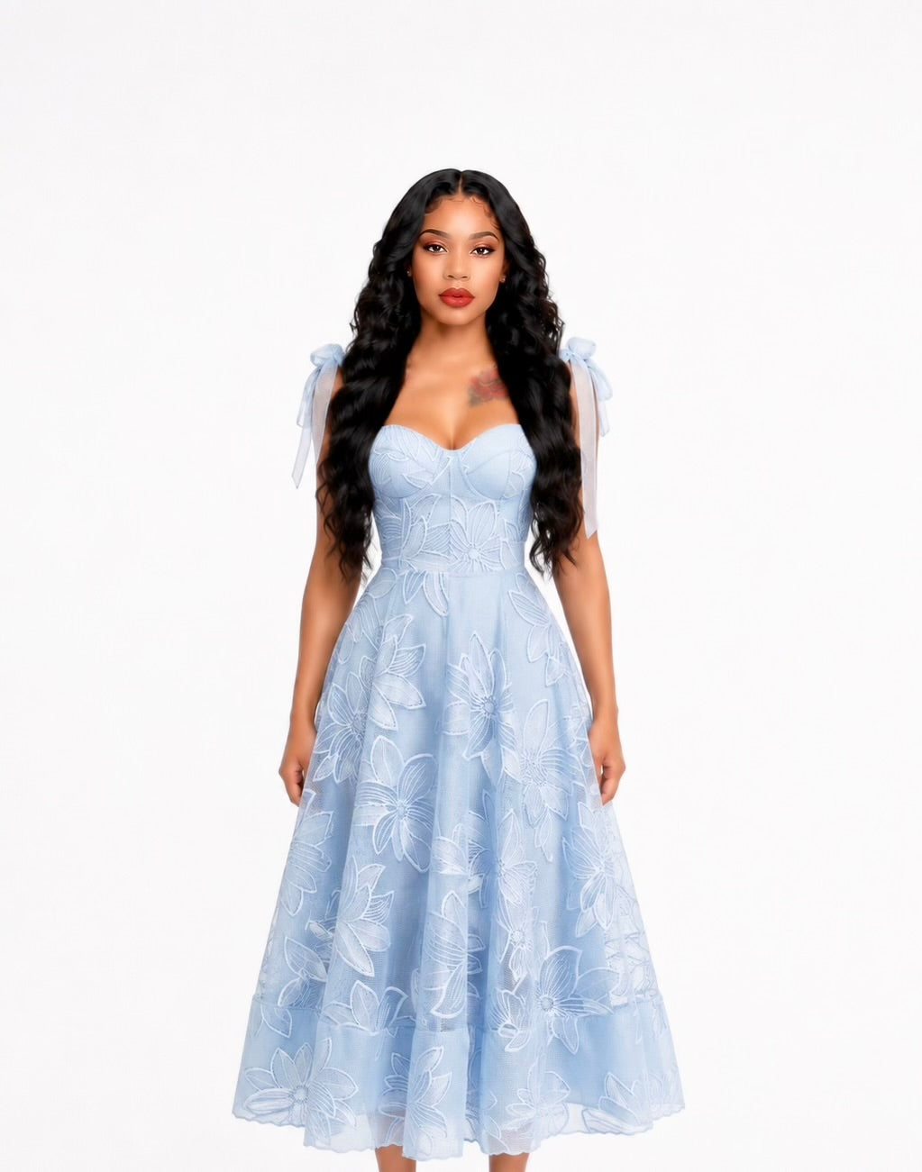 Floral A Line Bustier Midi Dress Blue