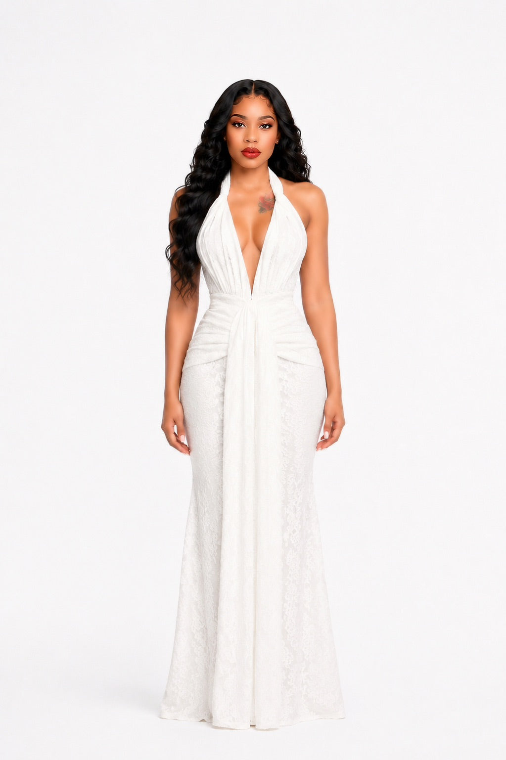 Halter Draped Lace Maxi Dress White