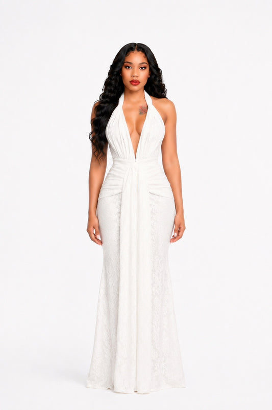 Halter Draped Lace Maxi Dress White