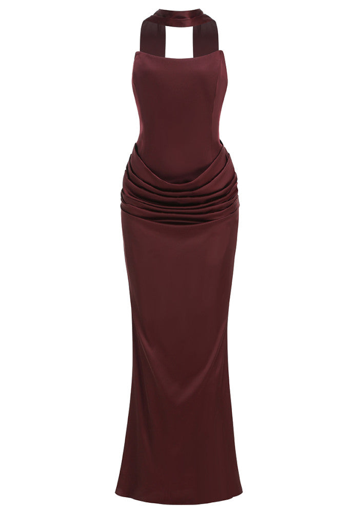 Strapless Draped Corset Maxi Dress Brown