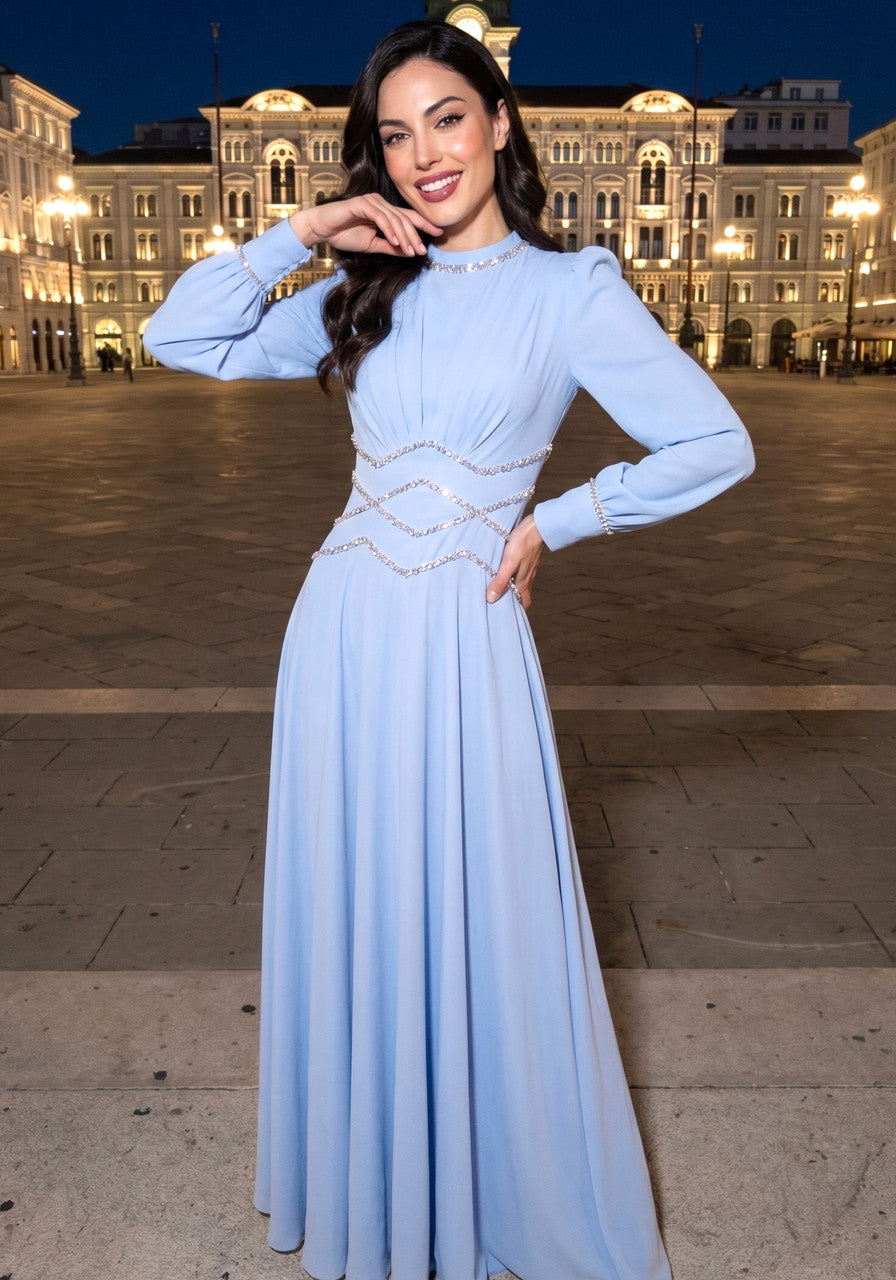 Long Sleeve Crystal Detail A Line Maxi Dress Light Blue