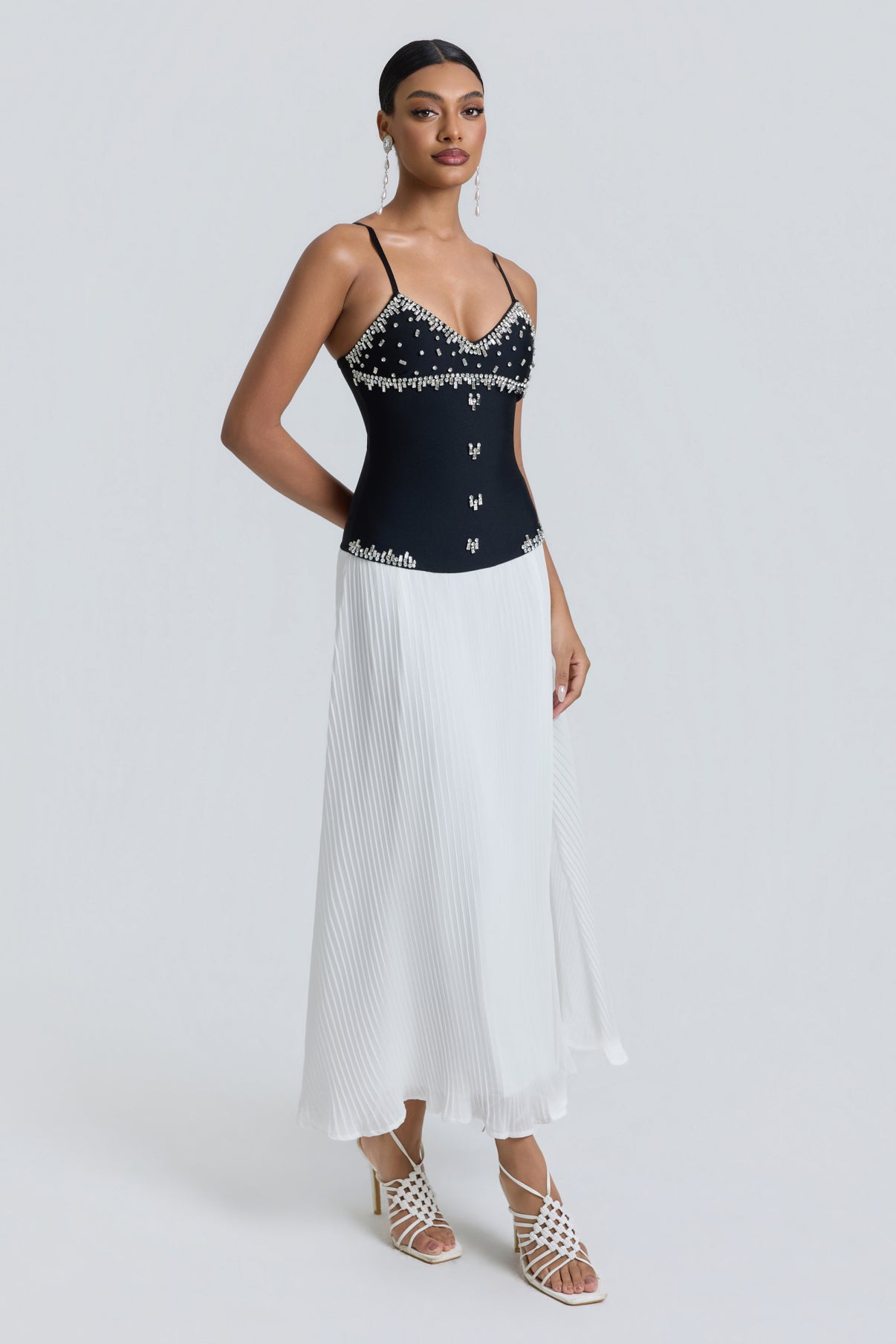 Chiffon midi dress with ribbons, rhinestones and studs
