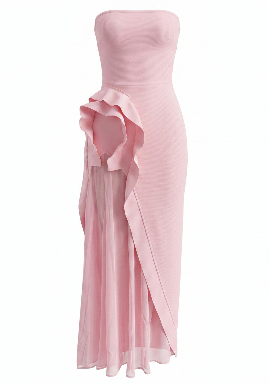 Strapless Floral Detail Maxi Dress Pink