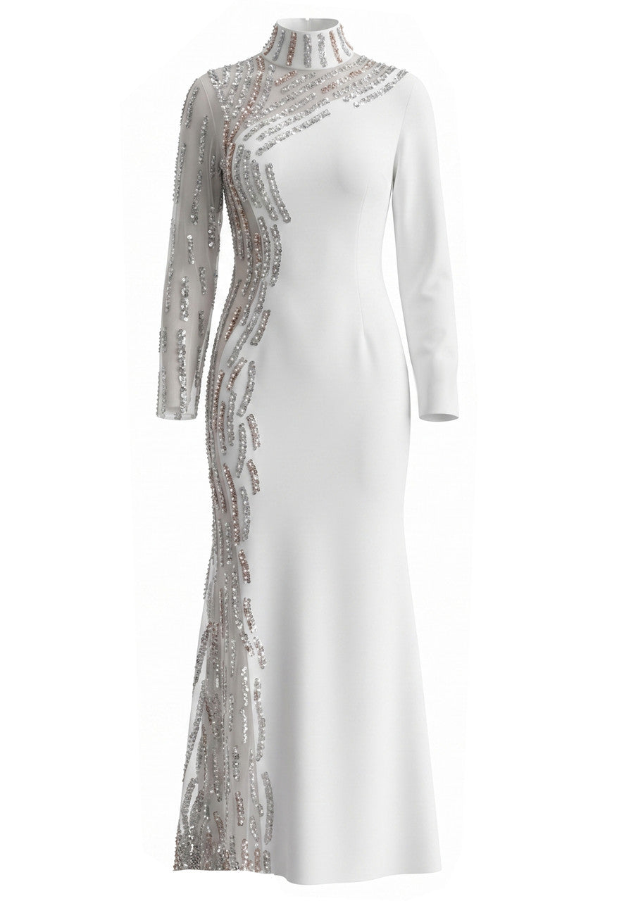 Long Sleeve Sequin Pearl Maxi Dress White