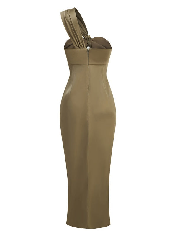 Twist-Front Satin Halter Maxi Dress with High Slit.