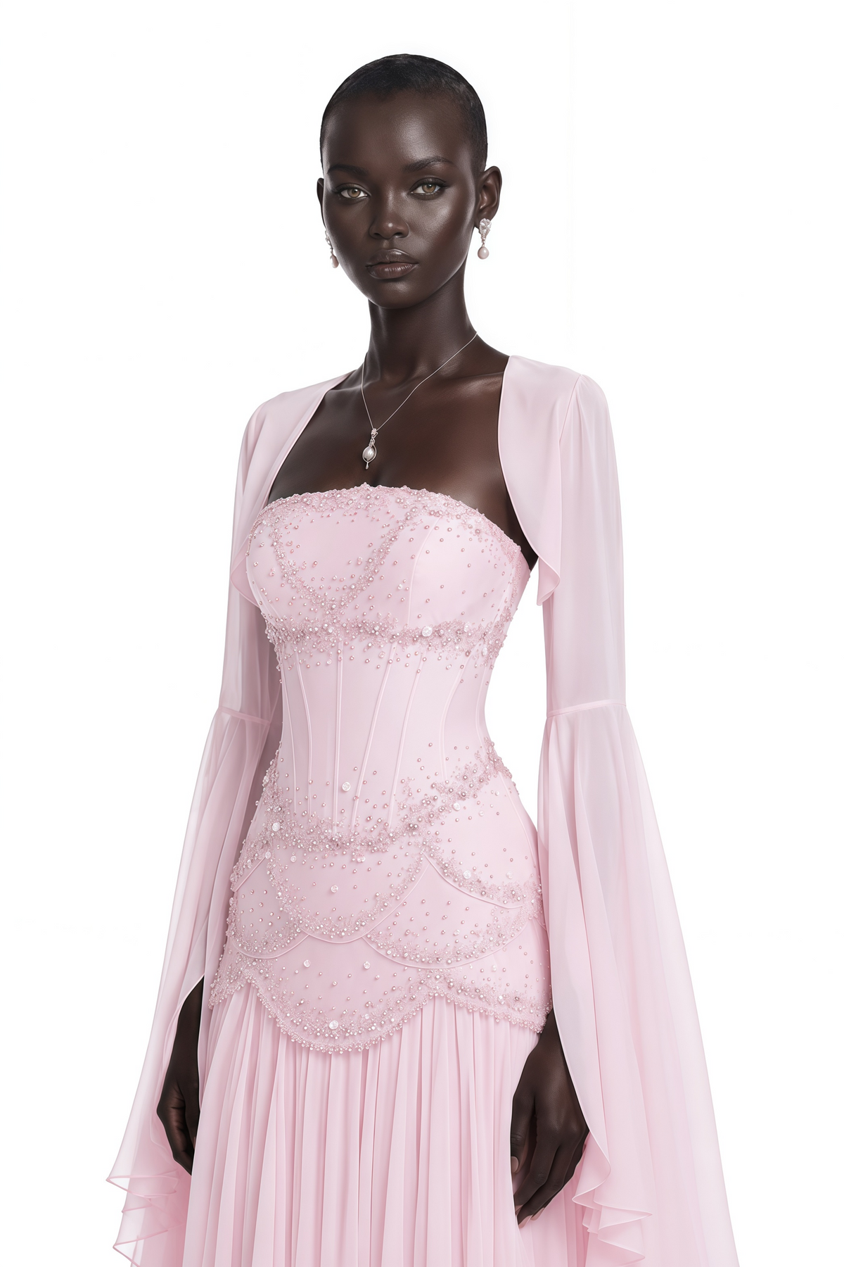 Pink Faux-pearl-embellished Pleated Maxi Dress