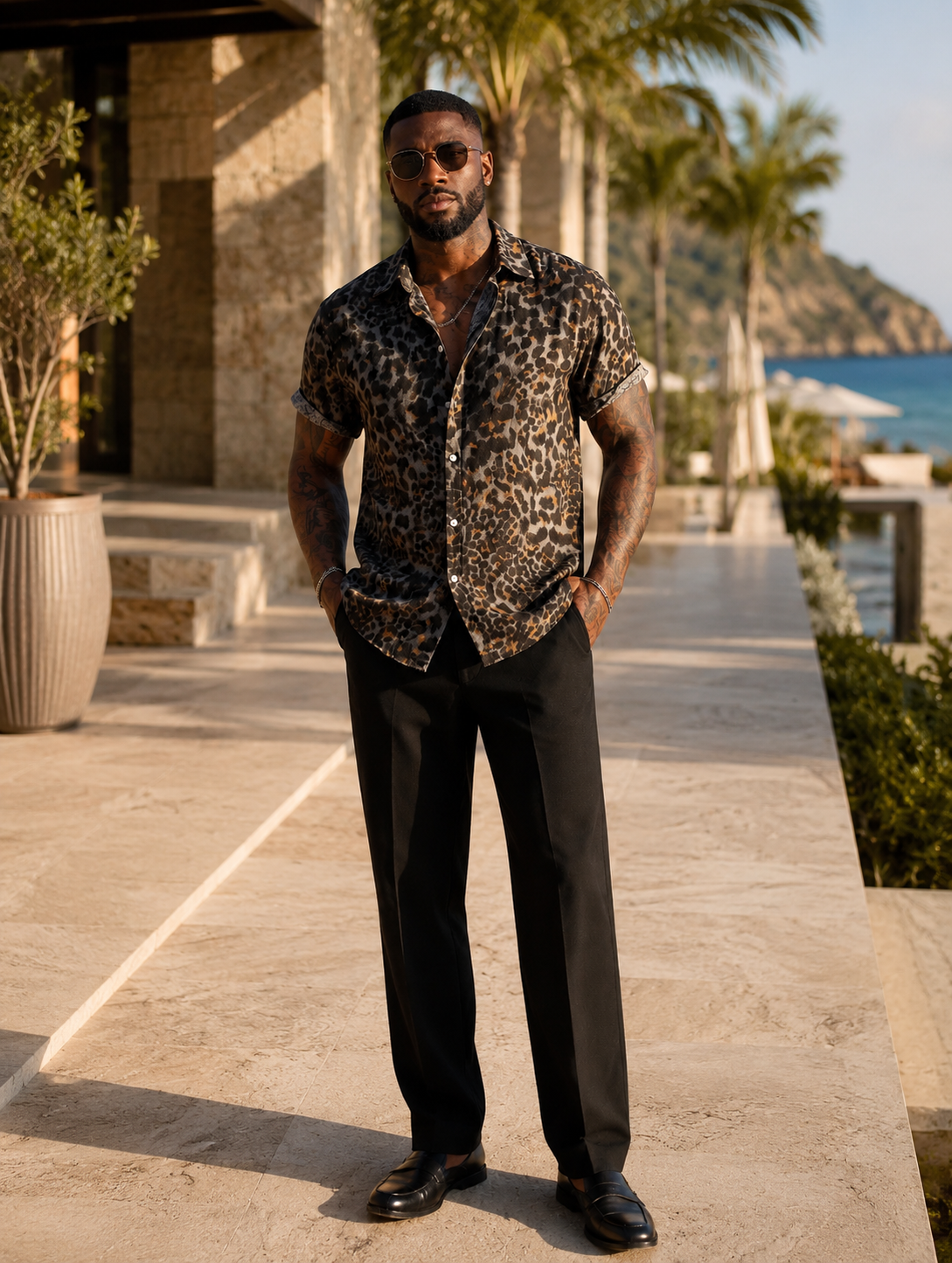 Men's Short Sleeve Leopard Print Casual Button-Down Shirt