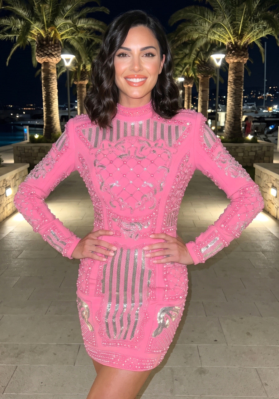 Long Sleeve Sequin Embellished Dress Hot Pink