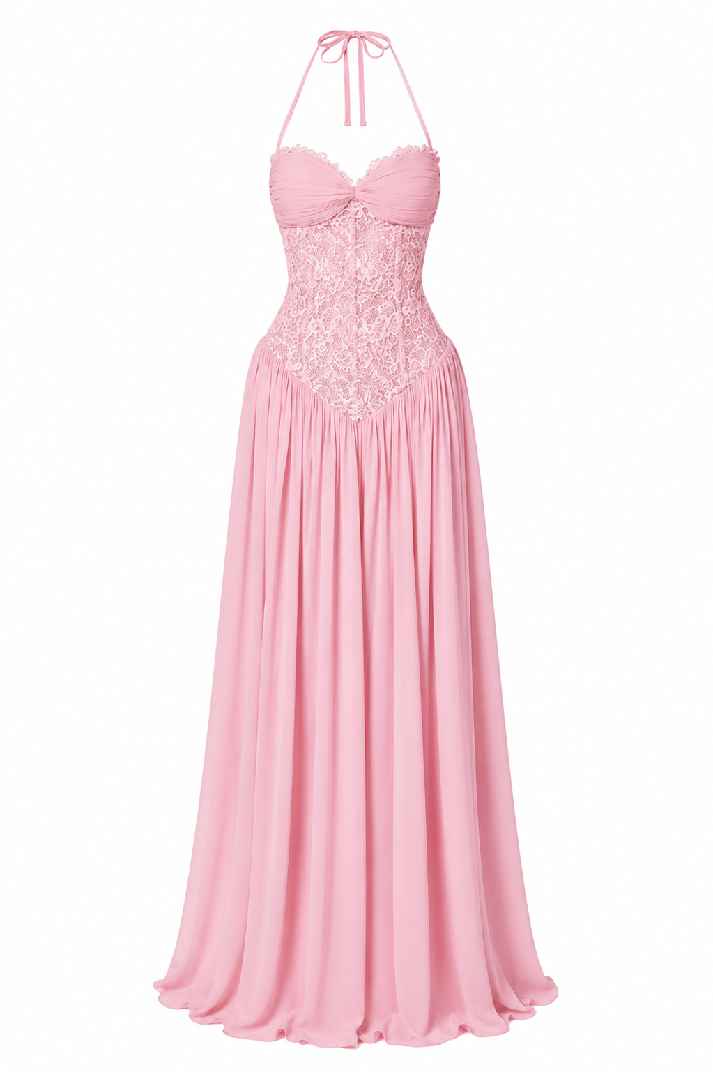Pink Halterneck Lace Corset Maxi Dress