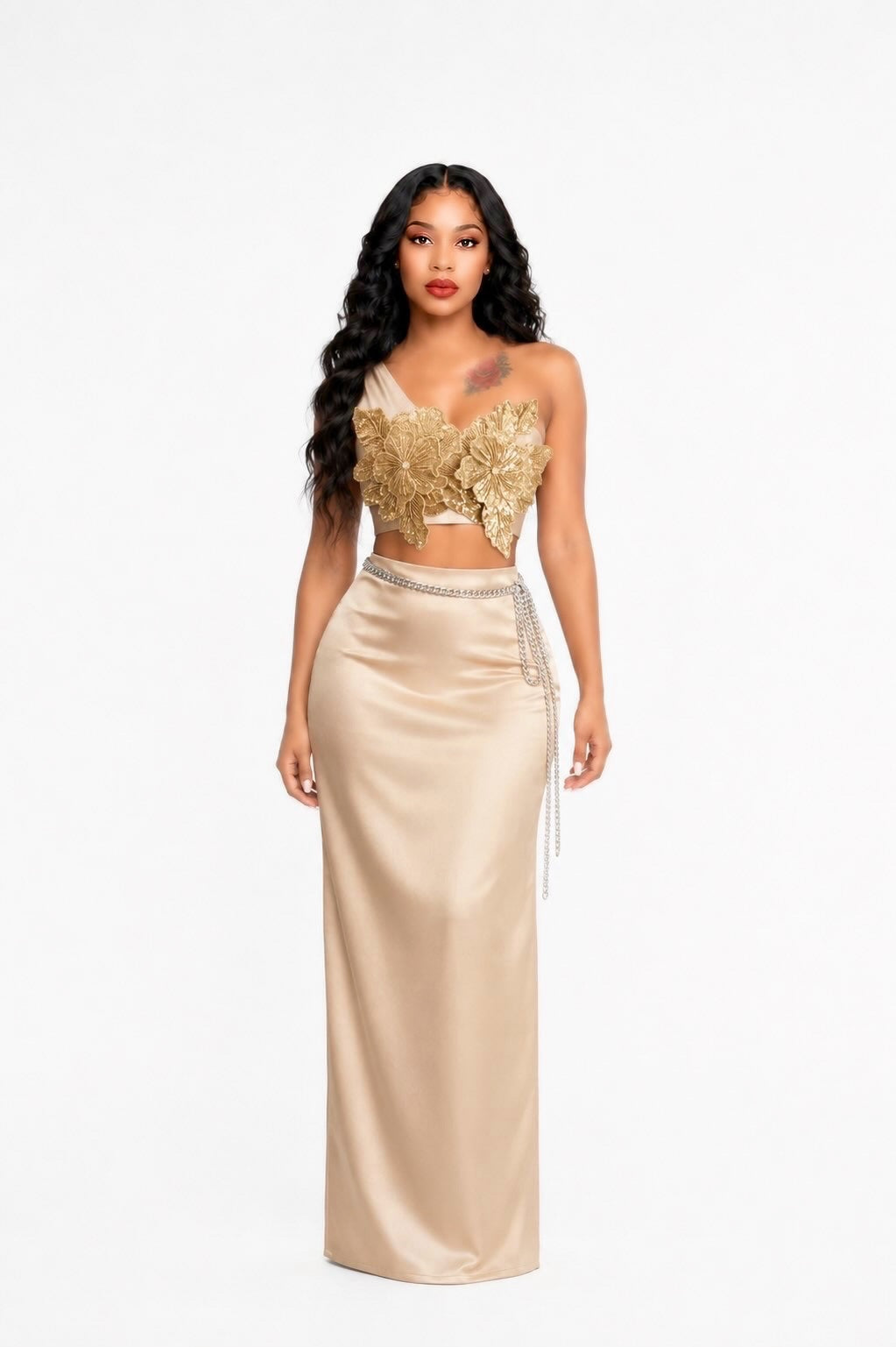 One Shoulder Sequin Floral Two Piece Maxi Dress Gold