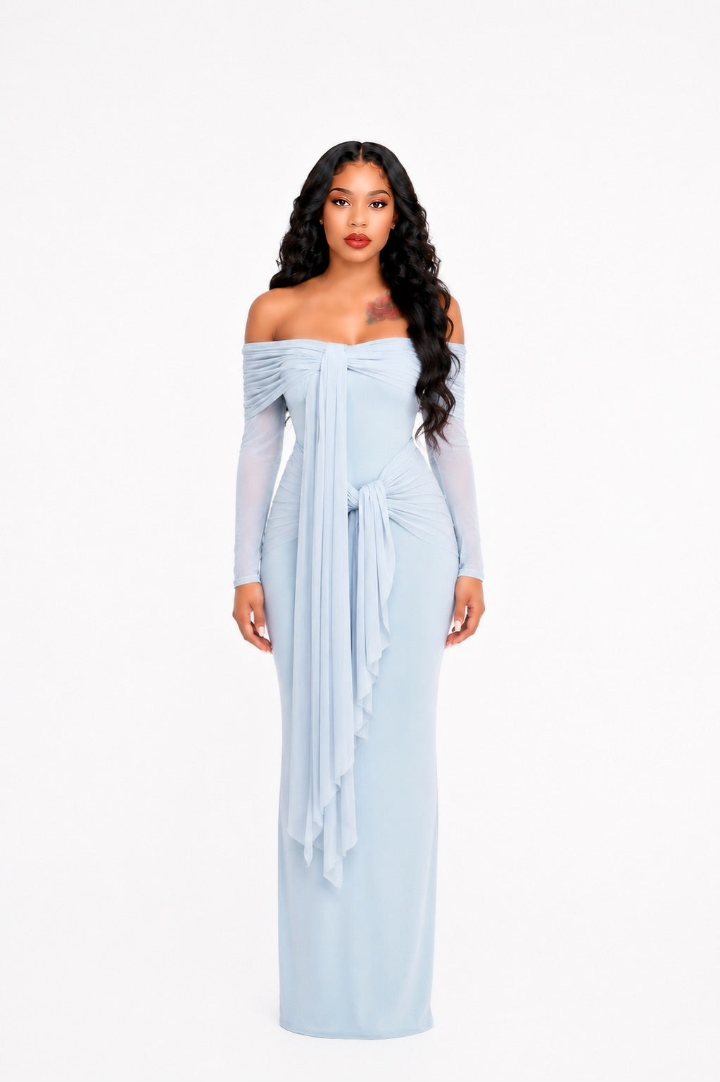 Long Sleeve Draped Bardot Maxi Dress Light Blue