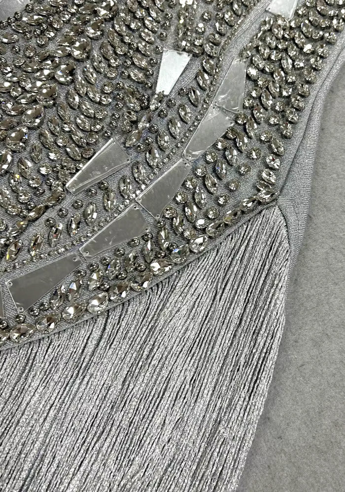 Strapless Crystal Mirror Tassel Maxi Dress Silver