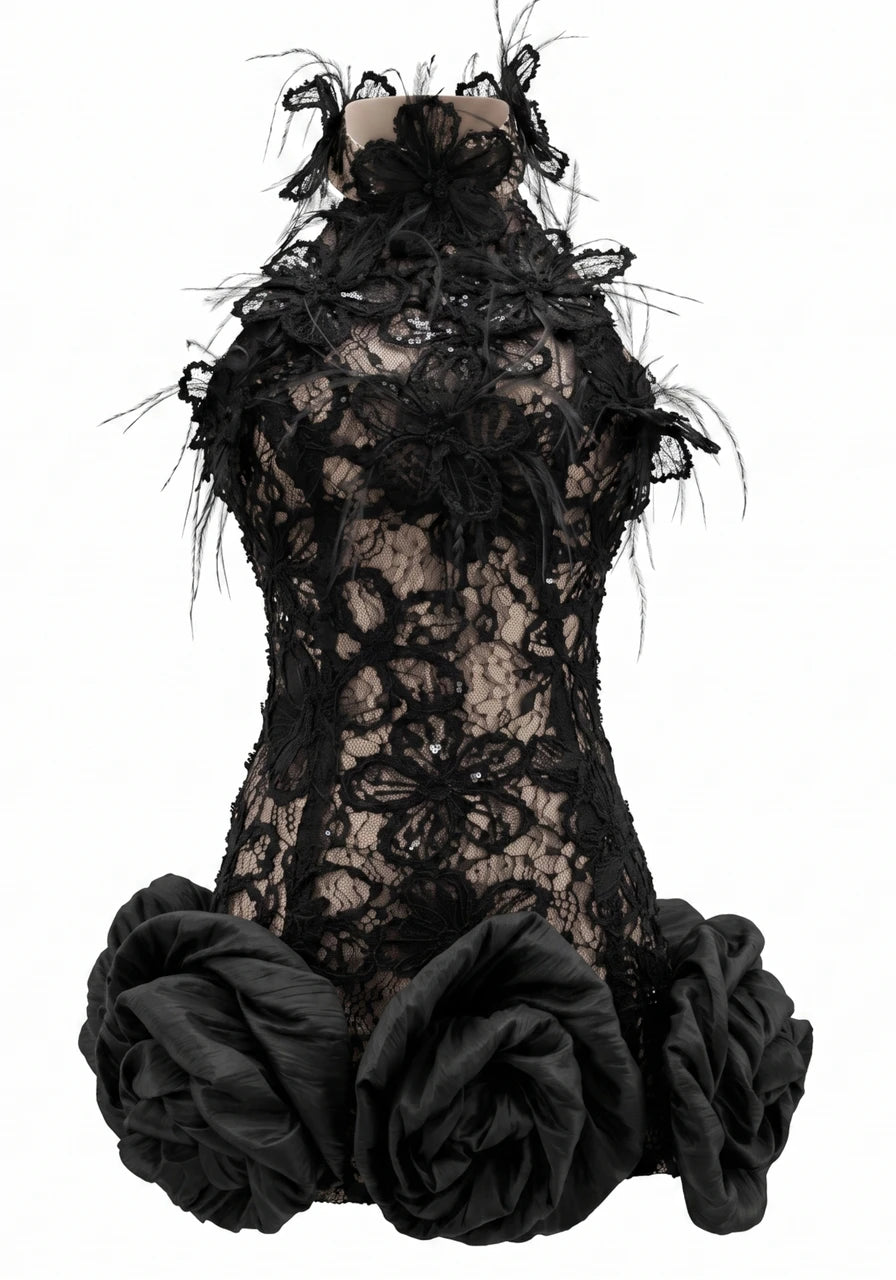 Floral Feather Lace Dress Black