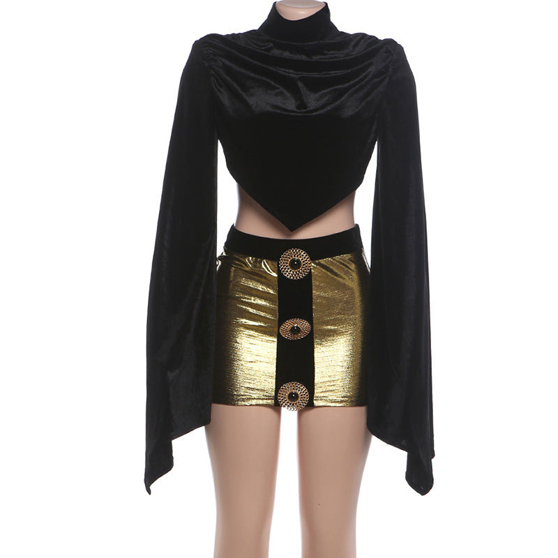 Turtleneck Bell Sleeve Top Sexy Sheath Skirt Two Piece Sets