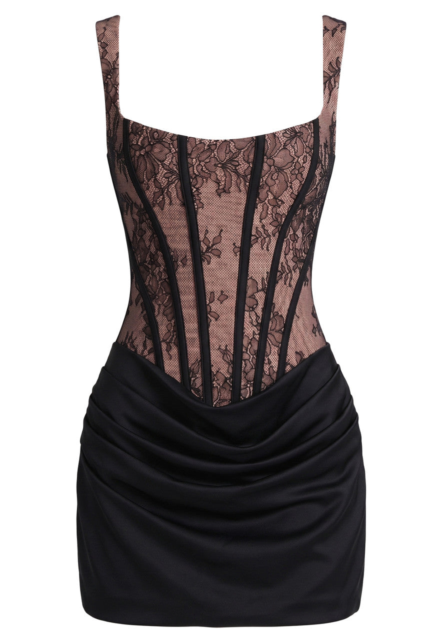 Structured Lace Draped Corset Dress Black