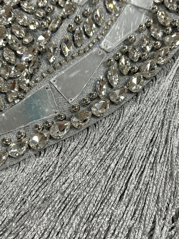 silver crystal fringe gown