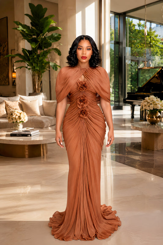 Camel Ruched Maxi Dress with 3D Florals
