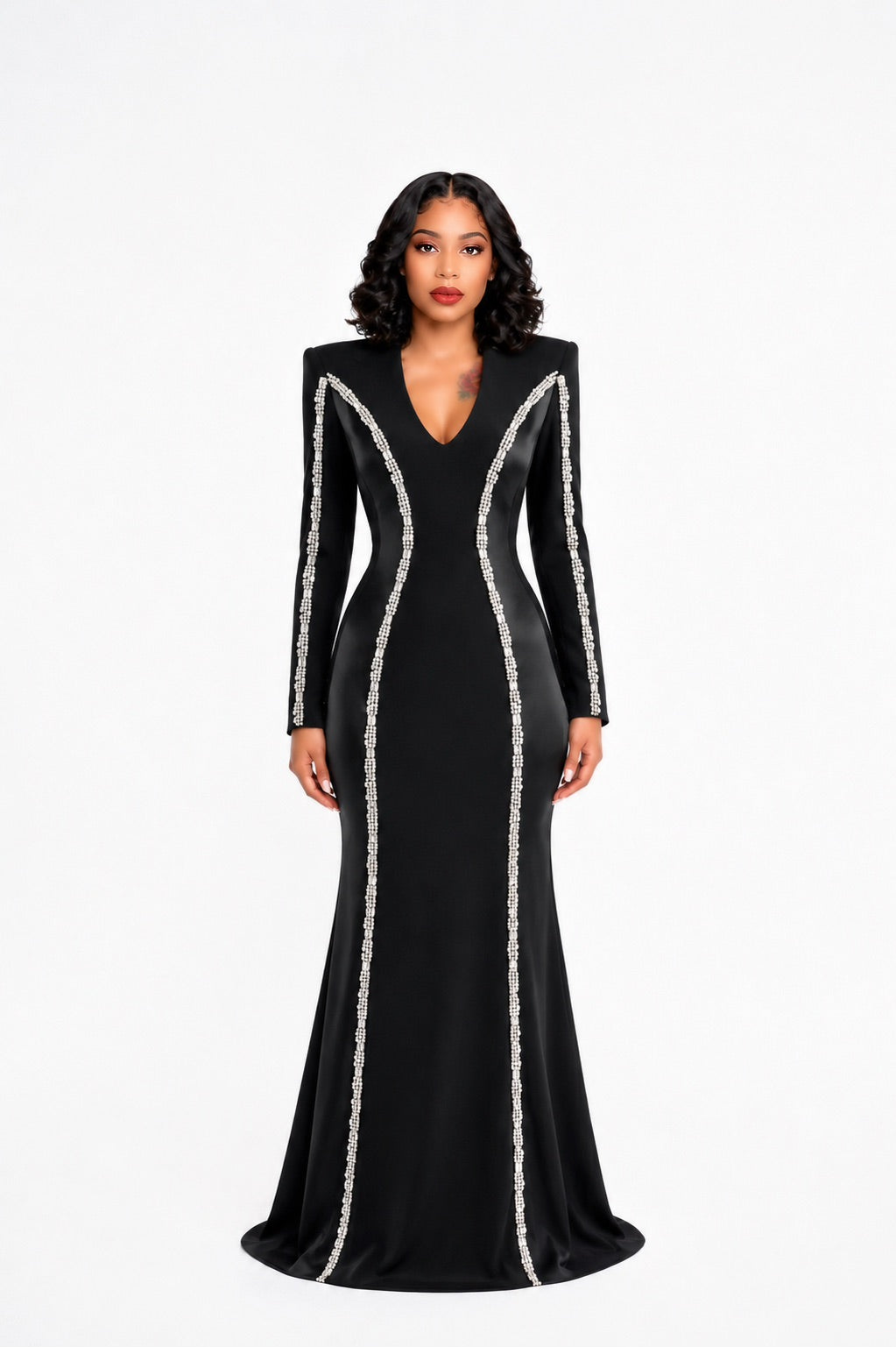Long Sleeve Crystal Trim Maxi Dress Black