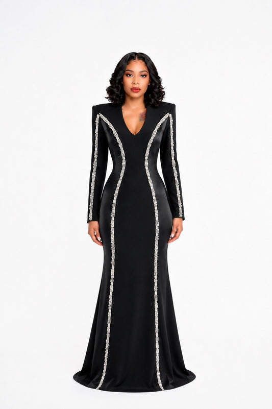 Long Sleeve Crystal Trim Maxi Dress Black