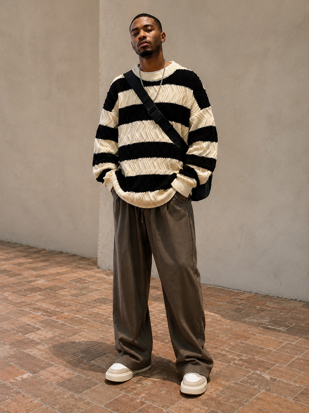 Men's Oversized Striped Textured Knit Sweater