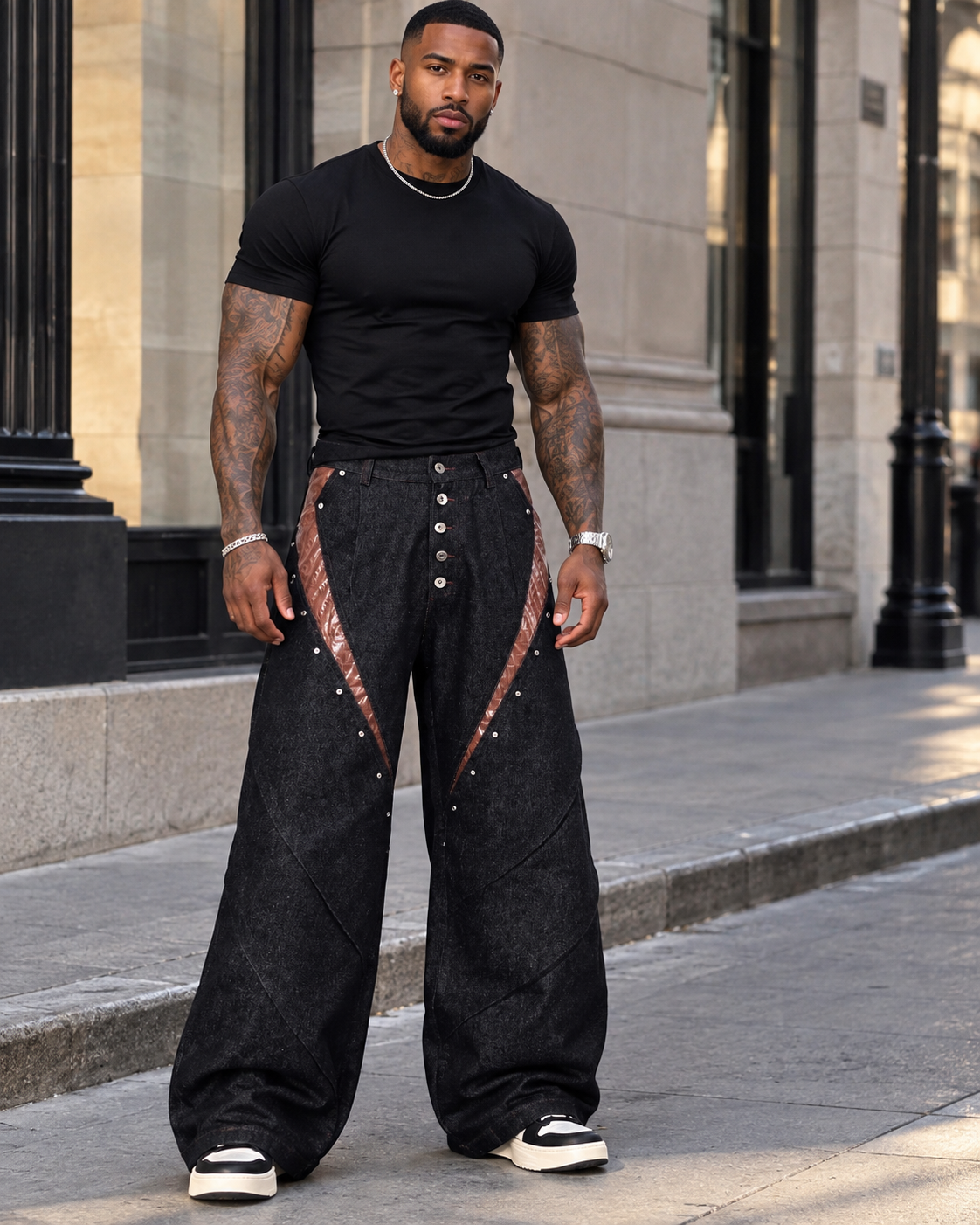 Men's Contrast Faux Leather Paneling Button Fly Jeans