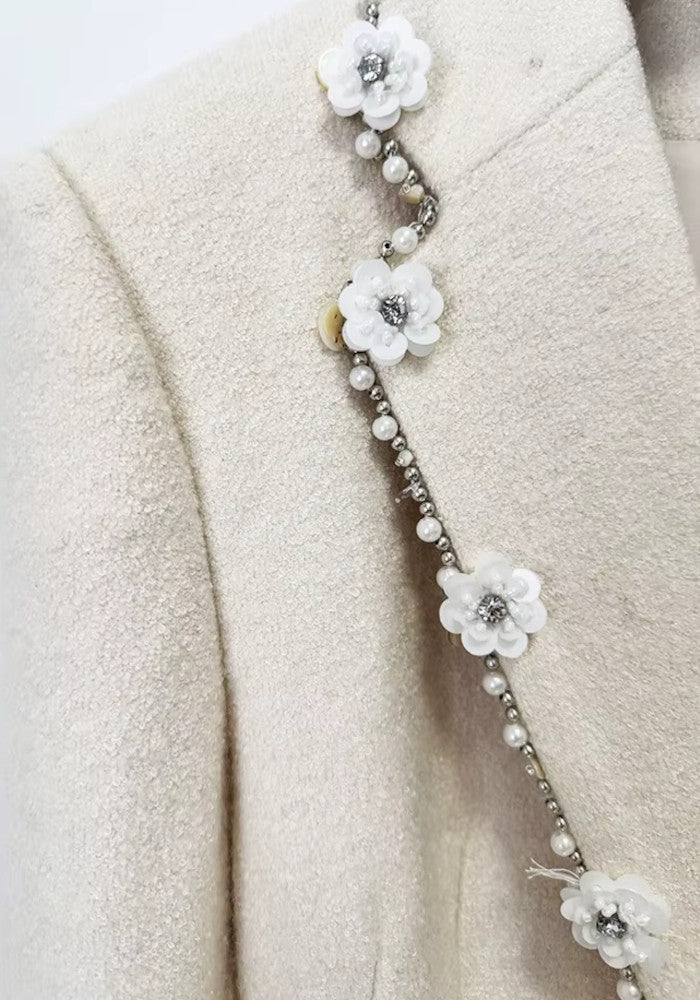 Long Sleeve Embellished Trim Two Piece Dress Ivory