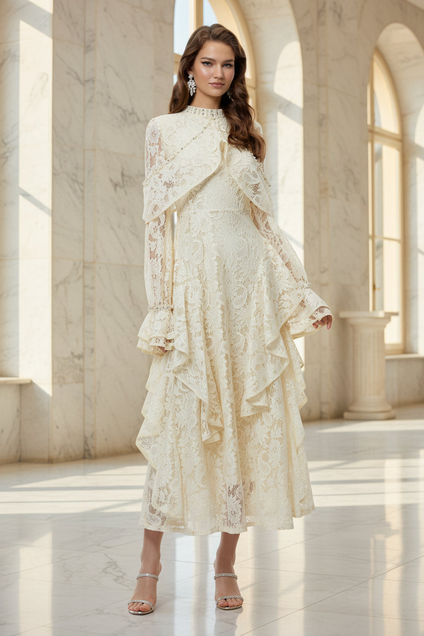 Summer Elegant Retro Cocktail Beaded Lace Bell Sleeve Dress