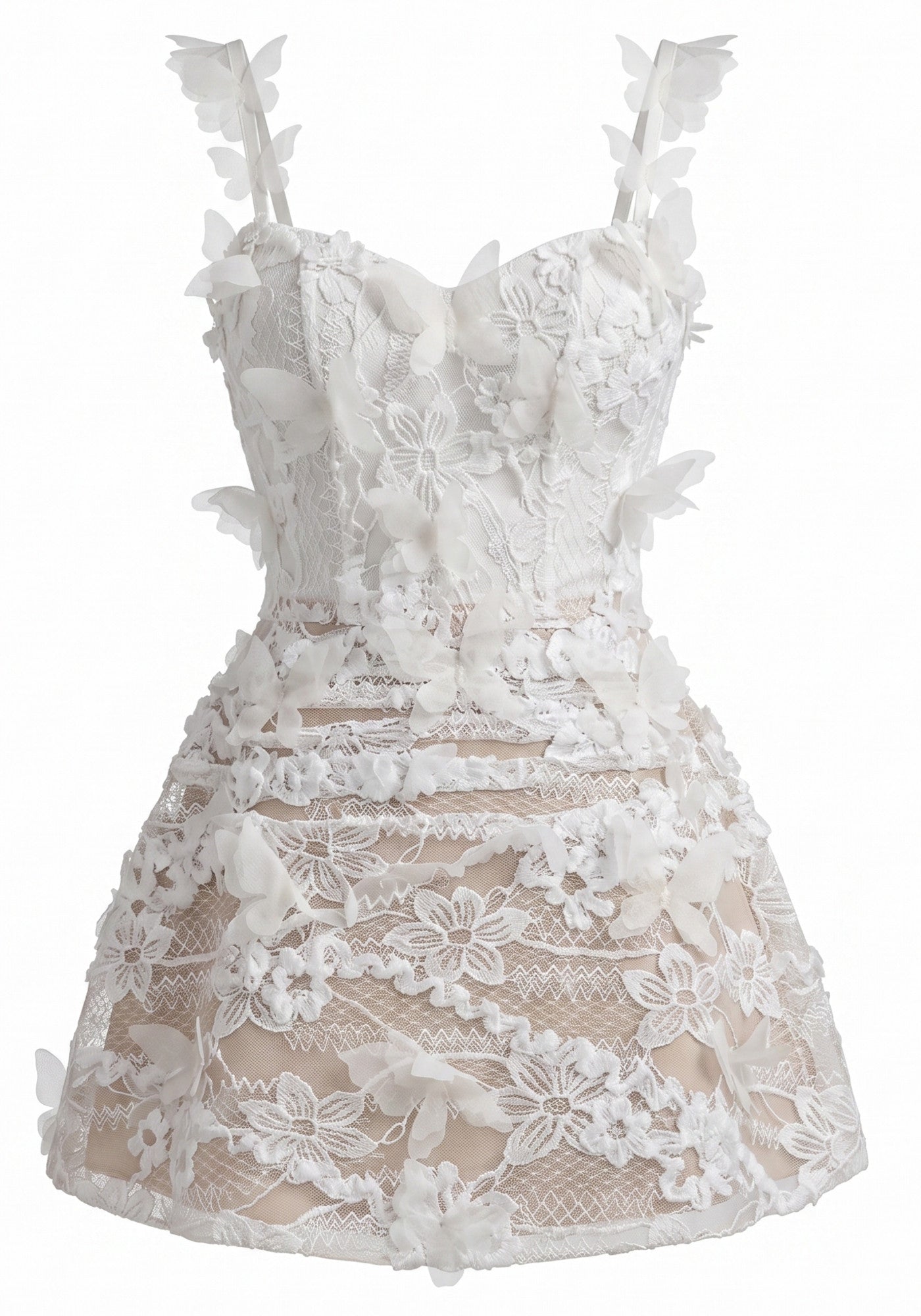 Floral Butterfly Lace A Line Dress White