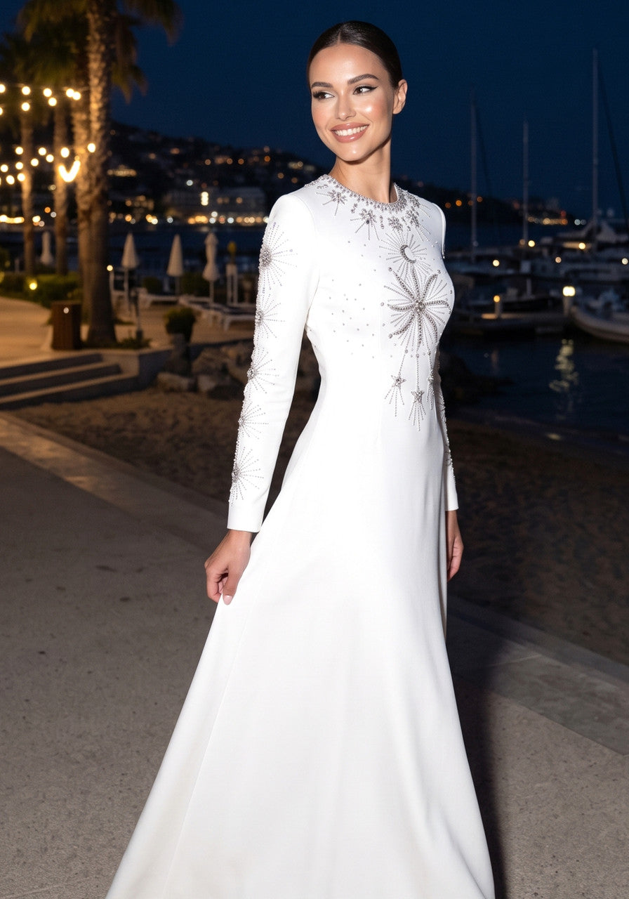 Long Sleeve Crystal Embellished A Line Maxi Dress White