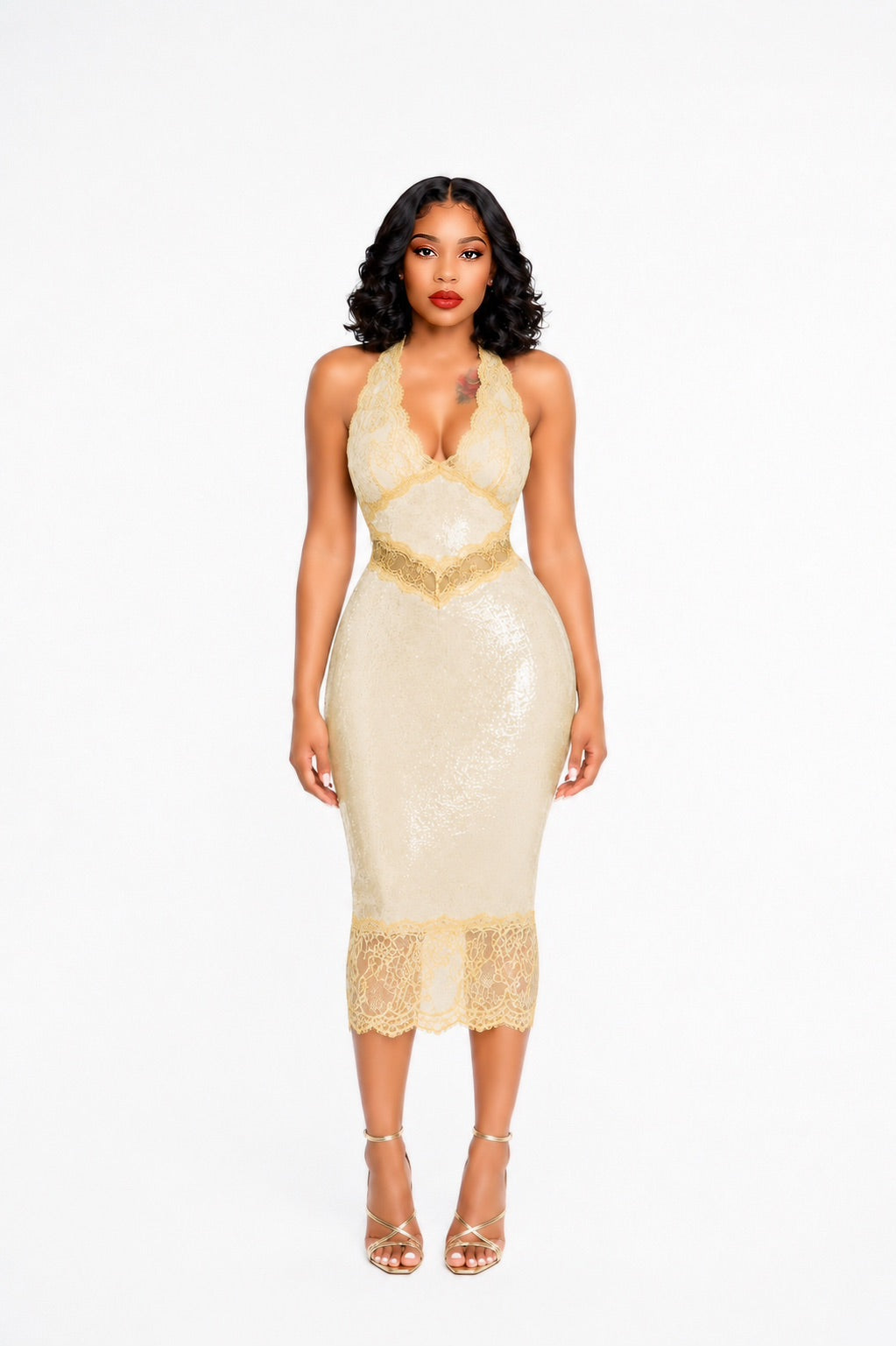 Halterneck Lace Sequin Midi Dress In Beige