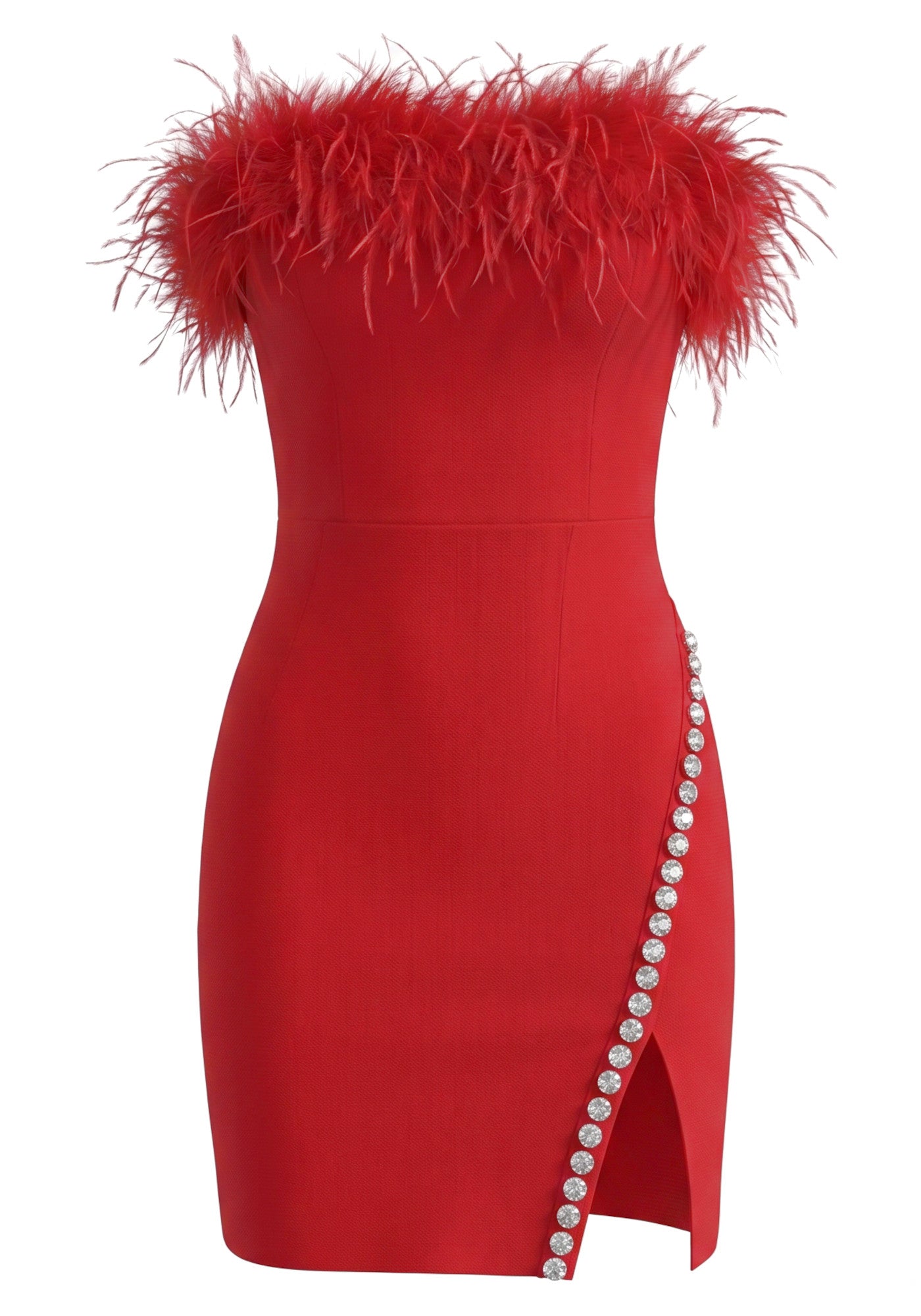 Strapless Feather Crystal Dress Red