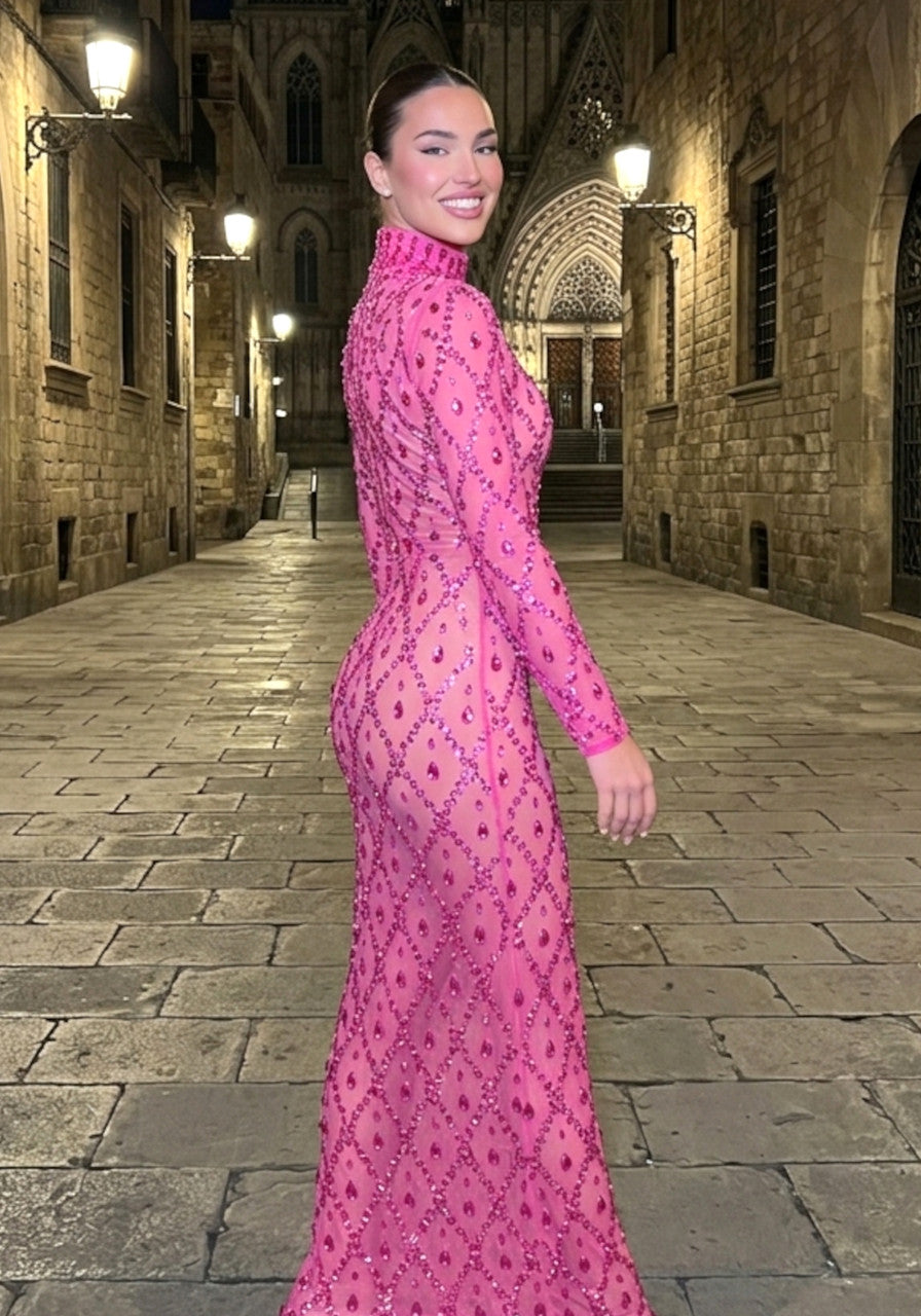 Long Sleeve Embellished Sequin Mesh Maxi Dress Hot Pink
