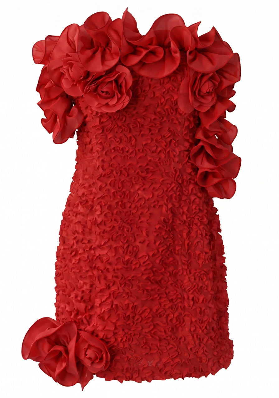 Strapless Floral Ruffle Dress Red