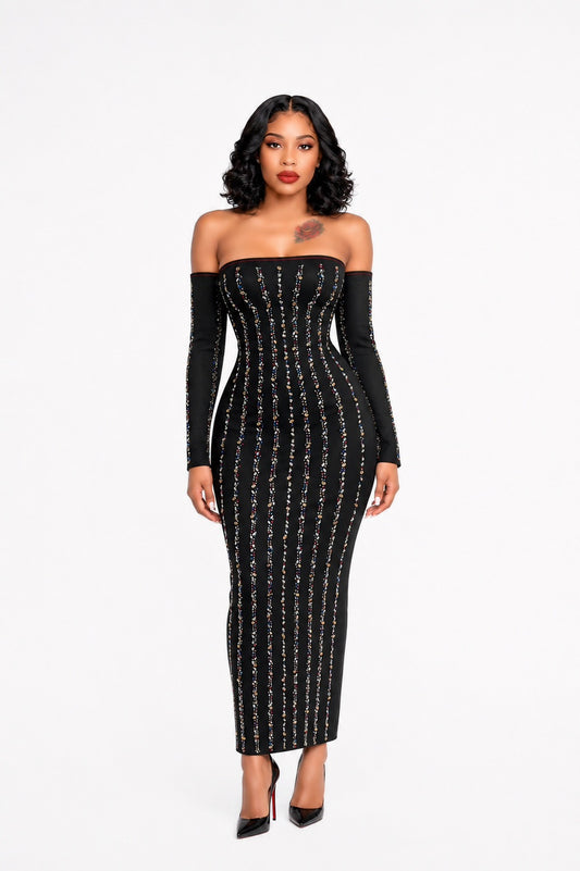 Embellished Long Sleeve Bardot Maxi Dress Black