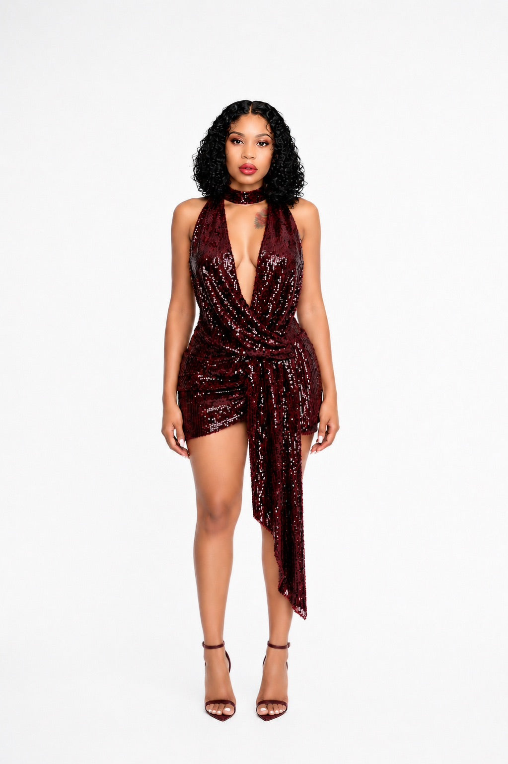 Frida Burgundy Deep V-Neck Sequin Mini Dress
