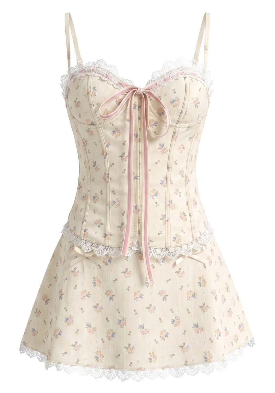 Floral Lace Corset Two Piece Dress Ivory Pink