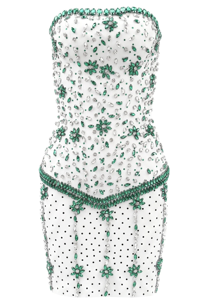 Strapless Crystal Embellished Dress White Green