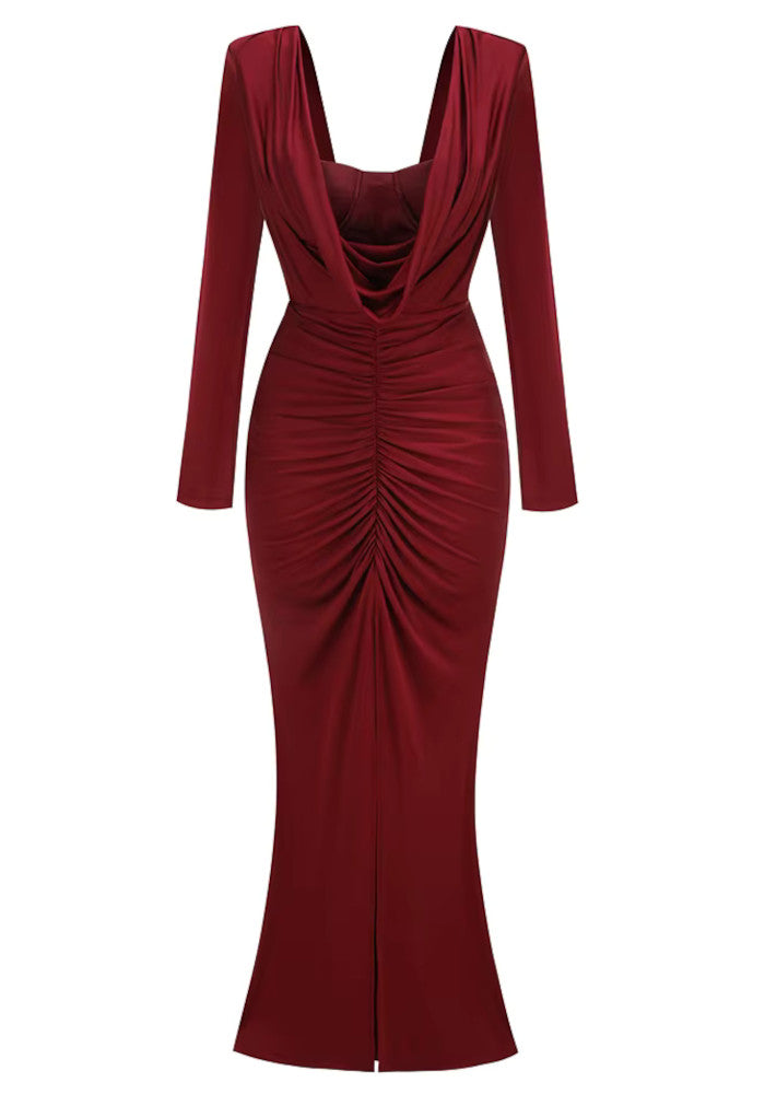 Long Sleeve Draped Bustier Maxi Dress Burgundy