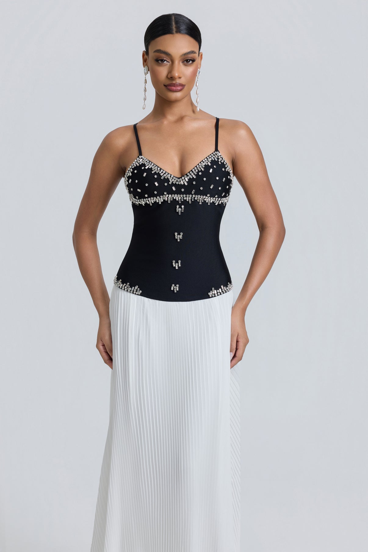 Chiffon midi dress with ribbons, rhinestones and studs
