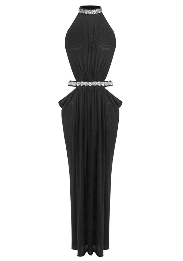 Halter Crystal Draped Backless Maxi Dress Black