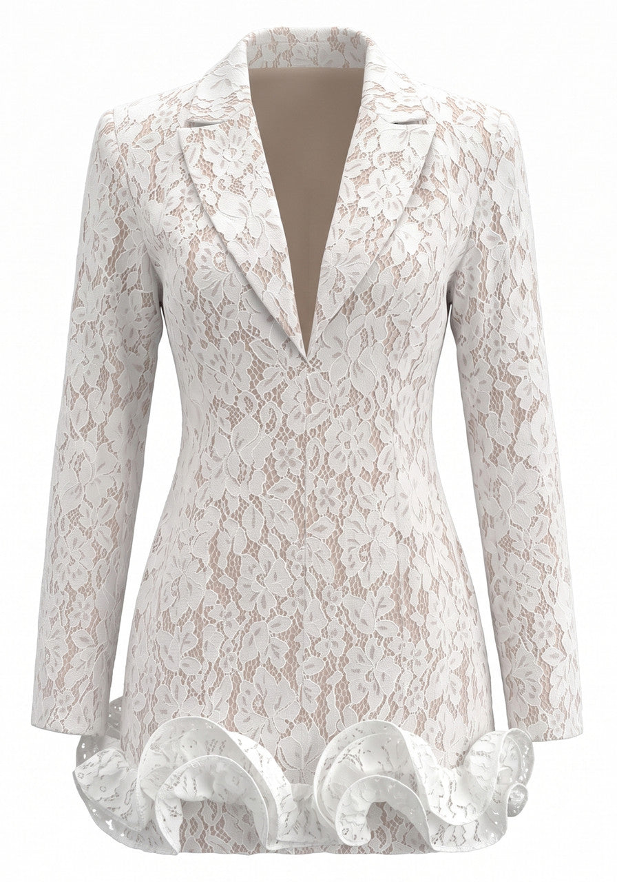 Long Sleeve Lace Ruffle Blazer Dress White
