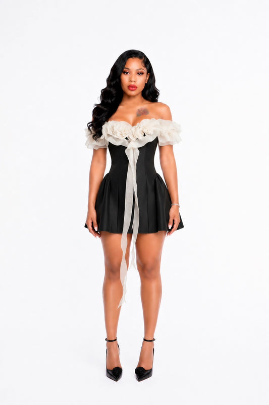 Floral Ruffle Bardot A Line Dress Black Ivory