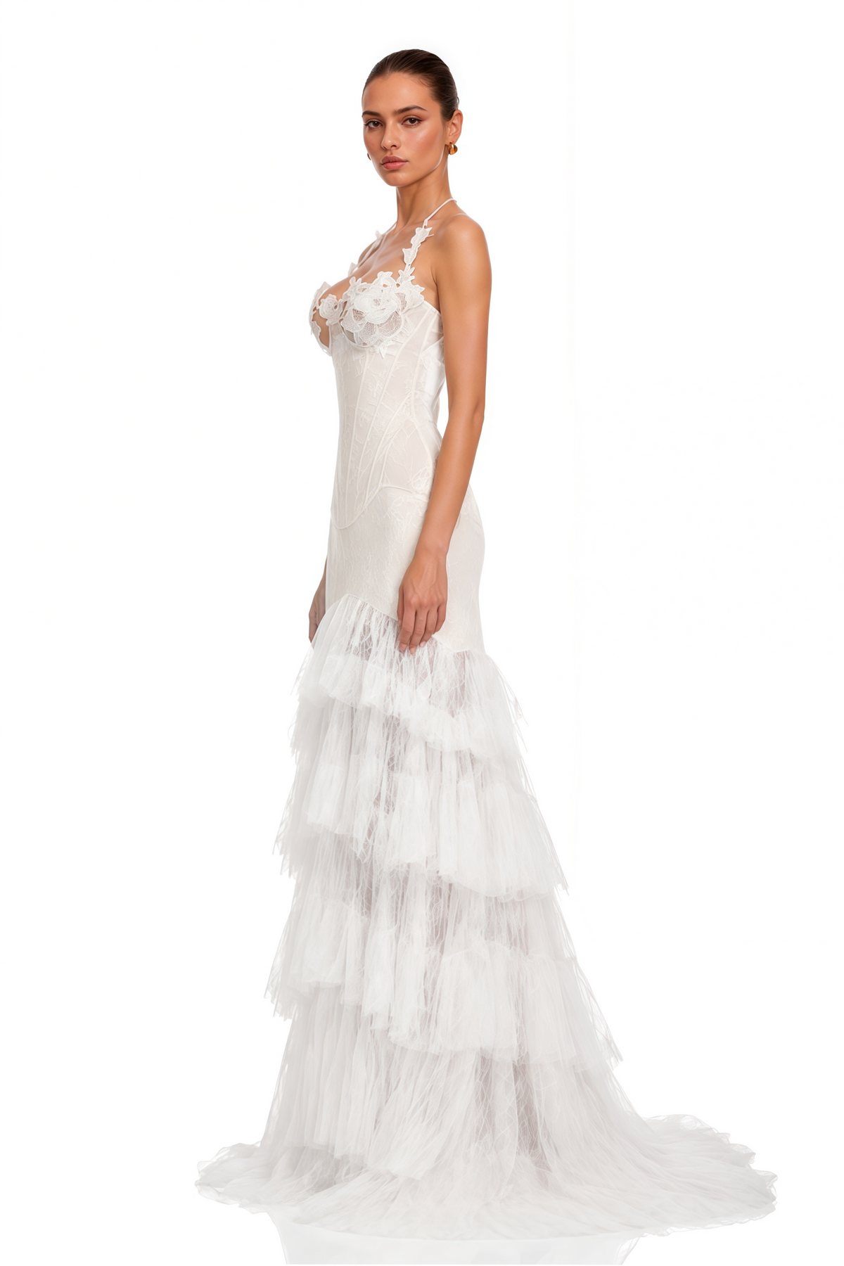 Halter Lace Corset Bust Multi Layered Tassel Fringe Sheer Mesh Maxi Skirt set
