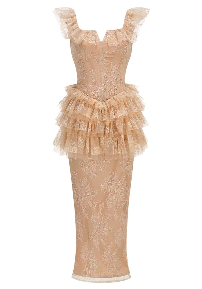 Ruffle Lace Maxi Dress Peach Nude