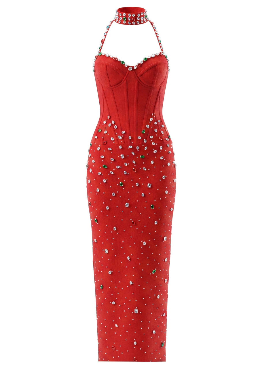 Halter Crystal Structured Bustier Maxi Dress Red